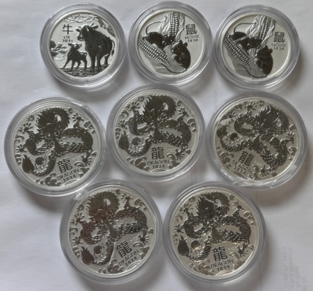Bullion 2020-24 AUSTRALIA 2 & 5 OZ 9999 SILVER LUNAR SERIES LOT 31 OZ TOTAL, CASE CRACKS
