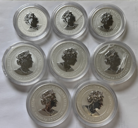 Bullion 2020-24 AUSTRALIA 2 & 5 OZ 9999 SILVER LUNAR SERIES LOT 31 OZ TOTAL, CASE CRACKS