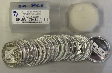 Bullion 1 TROY OZ .999 FINE SILVER APMEX EAGLE PROOFLIKE ROUNDS, ROLL OF 20 UNCIRCULATED