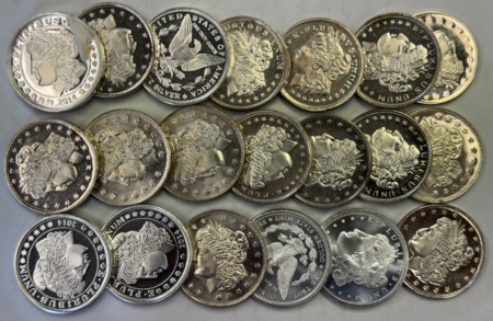 Bullion 20 OZ TUBE OF 1 OZ .999 FINE SILVER MIXED MORGAN HEAD STYLE SILVER ROUNDS, UNC