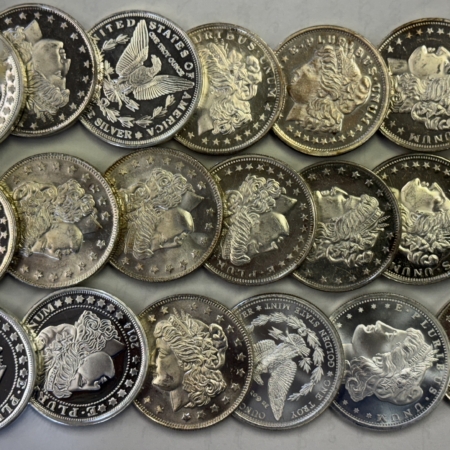 Bullion 20 OZ TUBE OF 1 OZ .999 FINE SILVER MIXED MORGAN HEAD STYLE SILVER ROUNDS, UNC