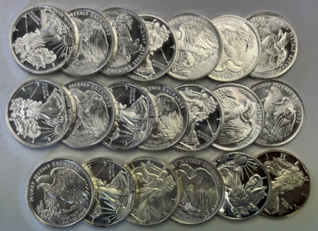 Bullion 20 OZ TUBE OF 1 OZ .999 FINE SILVER MIXED WALKING LIBERTY TYPE SILVER ROUNDS UNC