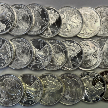 Bullion 20 OZ TUBE OF 1 OZ .999 FINE SILVER MIXED WALKING LIBERTY TYPE SILVER ROUNDS UNC