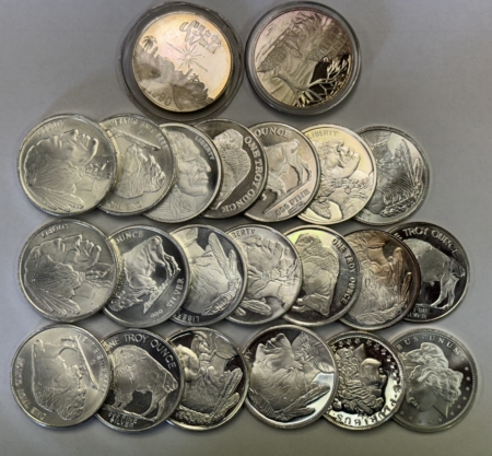 Bullion 22 OZ LOT OF 1 OZ .999 FINE SILVER MIXED SILVER ROUNDS, MOSTLY INDIAN HEAD, UNC