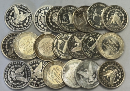 Bullion 20 OZ TUBE OF 1 OZ .999 FINE SILVER MIXED MORGAN HEAD STYLE SILVER ROUNDS, UNC