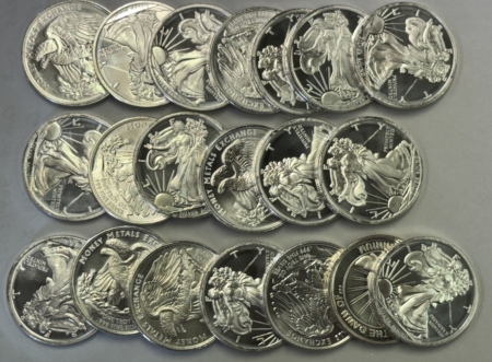 Bullion 20 OZ TUBE OF 1 OZ .999 FINE SILVER MIXED WALKING LIBERTY TYPE SILVER ROUNDS UNC