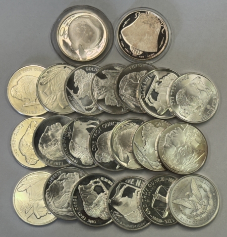 Bullion 22 OZ LOT OF 1 OZ .999 FINE SILVER MIXED SILVER ROUNDS, MOSTLY INDIAN HEAD, UNC