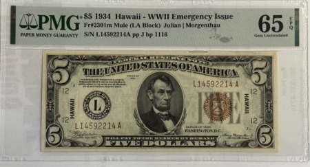 New Store Items 1934 $5 HAWAII WWII EMERGENCY ISSUE FEDERAL RESERVE NOTE, FR#2301m PMG CU-65 EPQ