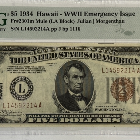 New Store Items 1934 $5 HAWAII WWII EMERGENCY ISSUE FEDERAL RESERVE NOTE, FR#2301m PMG CU-65 EPQ