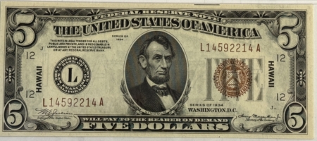 New Store Items 1934 $5 HAWAII WWII EMERGENCY ISSUE FEDERAL RESERVE NOTE, FR#2301m PMG CU-65 EPQ