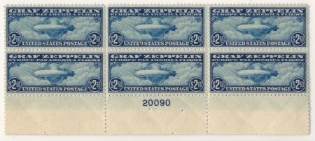 Air Post Stamps C-13 TO C-15 GRAF ZEPPELIN ORIGINAL BOTTOM PLATE BLOCK OF 6 (3), MOG-NH-CAT $15K