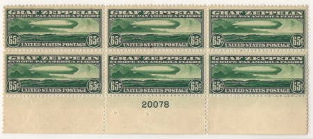 Air Post Stamps C-13 TO C-15 GRAF ZEPPELIN ORIGINAL BOTTOM PLATE BLOCK OF 6 (3), MOG-NH-CAT $15K