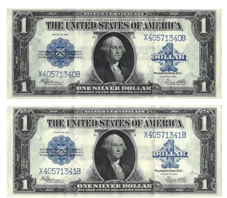 Large Silver Certificates PAIR OF 1923 $1 SILVER CERTIFICATES W/ CONSEC SERIAL #-MINOR FOLDS BUT NOT CIRC!