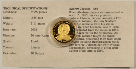 Bullion 2002 LIBERIA $50 GOLD 1/10 OZ OF 14KT GOLD ANDREW JACKSON – GEM PROOF WITH COA!