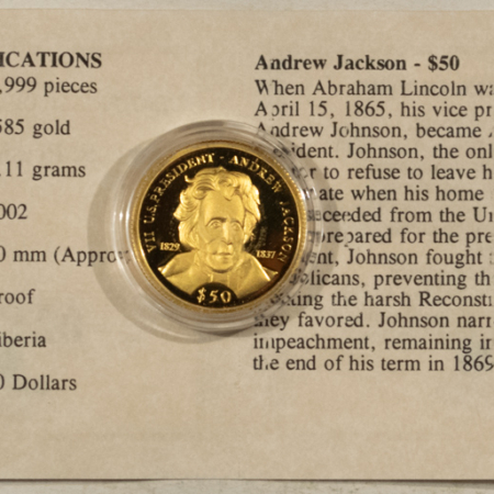 Bullion 2002 LIBERIA $50 GOLD 1/10 OZ OF 14KT GOLD ANDREW JACKSON – GEM PROOF WITH COA!