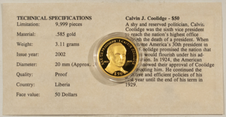 Bullion 2002 LIBERIA $50 GOLD 1/10 OZ OF 14KT GOLD CALVIN COOLIDGE – GEM PROOF WITH COA!