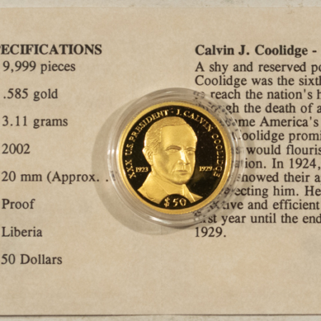 Bullion 2002 LIBERIA $50 GOLD 1/10 OZ OF 14KT GOLD CALVIN COOLIDGE – GEM PROOF WITH COA!