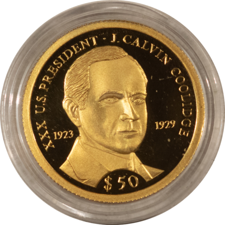 Bullion 2002 LIBERIA $50 GOLD 1/10 OZ OF 14KT GOLD CALVIN COOLIDGE – GEM PROOF WITH COA!