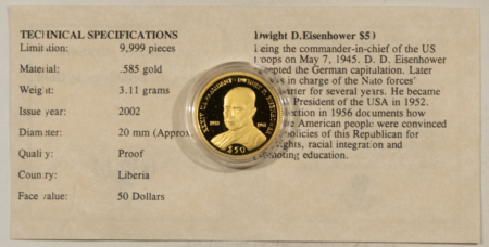 Bullion 2002 LIBERIA $50 GOLD 1/10 OZ OF 14KT GOLD DWIGHT EISENHOWER GEM PROOF WITH COA!