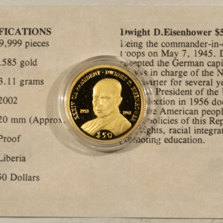 Bullion 2002 LIBERIA $50 GOLD 1/10 OZ OF 14KT GOLD DWIGHT EISENHOWER GEM PROOF WITH COA!