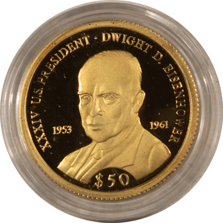 Bullion 2002 LIBERIA $50 GOLD 1/10 OZ OF 14KT GOLD DWIGHT EISENHOWER GEM PROOF WITH COA!