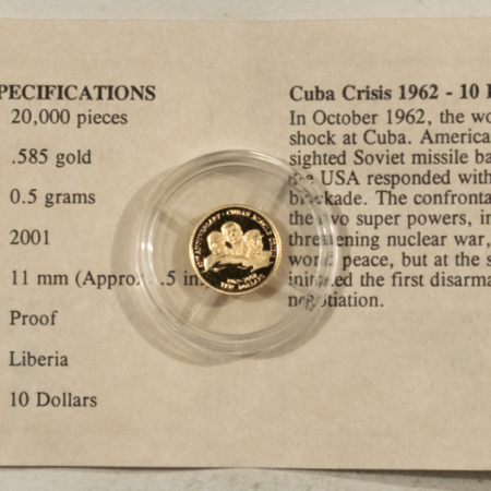 Bullion 2001 LIBERIA $10 GOLD 1/2 GRAM 14KT GOLD MISSILE CRISIS – GEM PROOF W/ COA