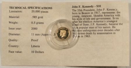 Bullion 2000 LIBERIA $10 GOLD 1/2 GRAM OF 14KT GOLD JOHN F. KENNEDY – GEM PROOF W/ COA!