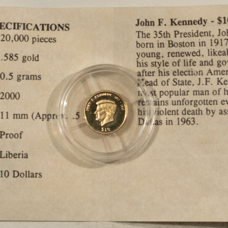 Bullion 2000 LIBERIA $10 GOLD 1/2 GRAM OF 14KT GOLD JOHN F. KENNEDY – GEM PROOF W/ COA!