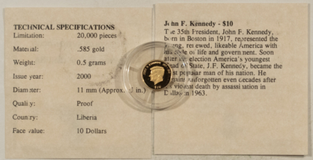 Bullion 2000 LIBERIA $10 GOLD 1/2 GRAM OF 14KT GOLD JOHN F. KENNEDY – GEM PROOF W/ COA!
