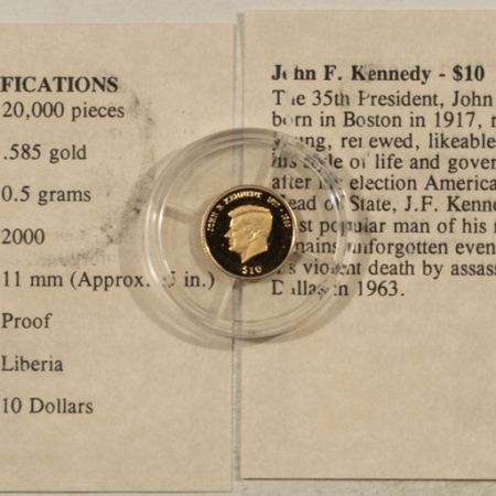 Bullion 2000 LIBERIA $10 GOLD 1/2 GRAM OF 14KT GOLD JOHN F. KENNEDY – GEM PROOF W/ COA!
