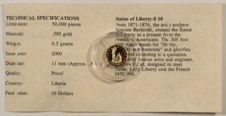 Bullion 2000 LIBERIA $10 GOLD 1/2 GRAM 14KT GOLD STATUE OF LIBERTY – GEM PROOF W/ COA!