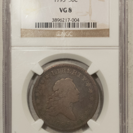 Early Halves 1795 FLOWING HAIR HALF DOLLAR, TWO LEAVES – NGC VG-8, PLEASING TYPE COIN
