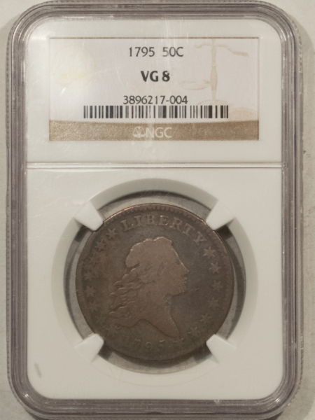 Early Halves 1795 FLOWING HAIR HALF DOLLAR, TWO LEAVES – NGC VG-8, PLEASING TYPE COIN