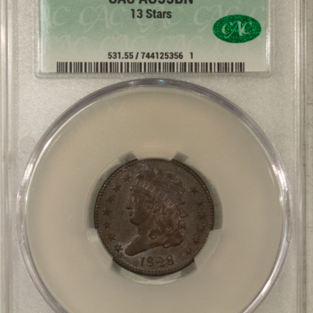 CAC Approved Coins 1828 CLASSIC HEAD HALF CENT 13 STARS CACG AU-55 BN PRETTY, PREMIUM QUALITY, CAC!