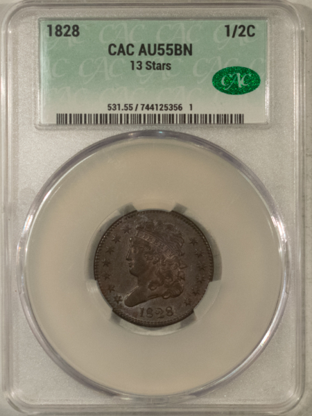 CAC Approved Coins 1828 CLASSIC HEAD HALF CENT 13 STARS CACG AU-55 BN PRETTY, PREMIUM QUALITY, CAC!