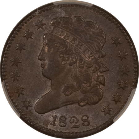 CAC Approved Coins 1828 CLASSIC HEAD HALF CENT 13 STARS CACG AU-55 BN PRETTY, PREMIUM QUALITY, CAC!