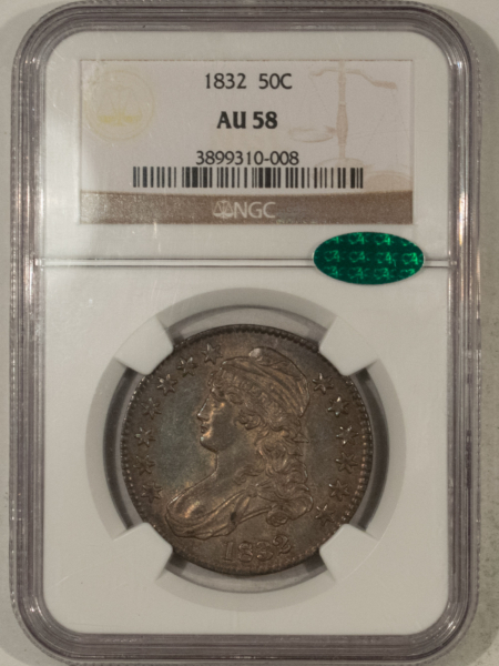 CAC Approved Coins 1832 CAPPED BUST HALF DOLLAR, SMALL LETTERS – NGC AU-58, CAC APPROVED!