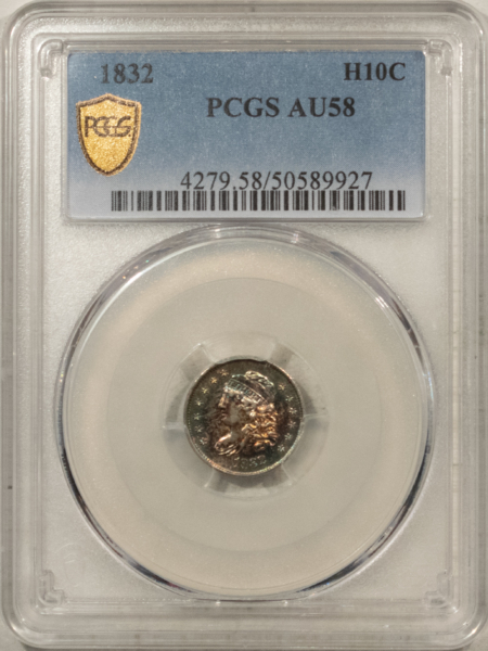 Capped Bust Half Dimes 1832 CAPPED BUST HALF DIME – PCGS AU-58, MONSTER COLOR!