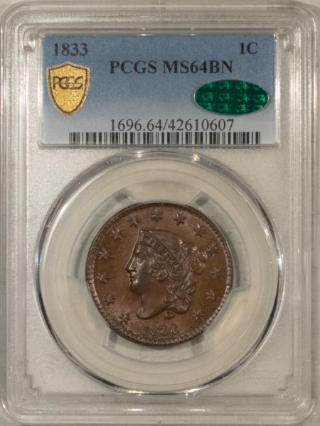 CAC Approved Coins 1833 CORONET HEAD LG CENT – PCGS MS-64 BN SMOOTH, PREMIUM QUALITY, CAC APPROVED!