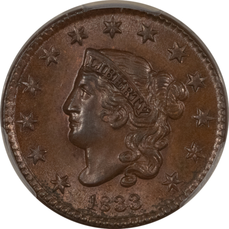 CAC Approved Coins 1833 CORONET HEAD LG CENT – PCGS MS-64 BN SMOOTH, PREMIUM QUALITY, CAC APPROVED!