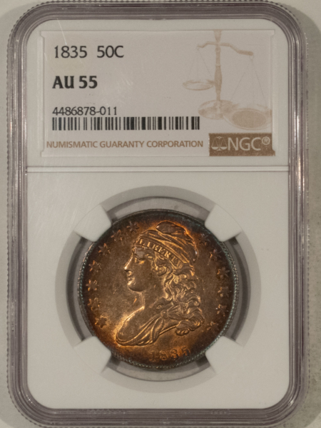Early Halves 1835 CAPPED BUST HALF DOLLAR – NGC AU-55, GORGEOUS!