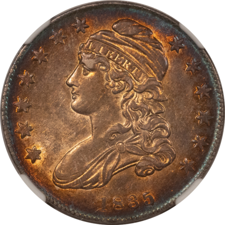 Early Halves 1835 CAPPED BUST HALF DOLLAR – NGC AU-55, GORGEOUS!
