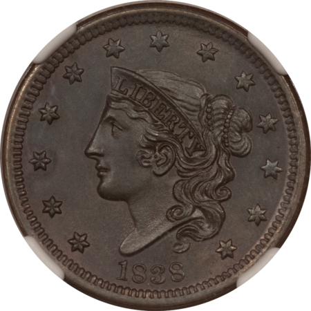 Coronet Head Large Cents 1838 CORONET HEAD LARGE CENT – NGC UNC DETAILS, CLEANED! LOOKS 63 BN! NICE!