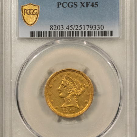 $5 1841-C $5 LIBERTY NO MOTTO GOLD HALF EAGLE – PCGS XF-45, LOW MINTAGE CHARLOTTE!