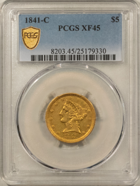 $5 1841-C $5 LIBERTY NO MOTTO GOLD HALF EAGLE – PCGS XF-45, LOW MINTAGE CHARLOTTE!