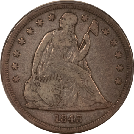 Dollars 1843 SEATED LIBERTY DOLLAR – PCGS F-15, NICE WHOLESOME, ORIGINAL EARLY DATE!