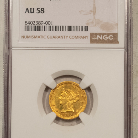 New Store Items 1843-D $2.50 LIBERTY GOLD QUARTER EAGLE – NGC AU-58, TOUGH DAHLONEGA MINT GOLD!