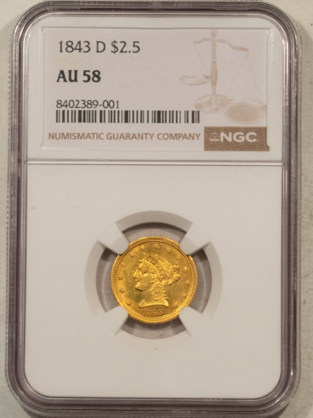 $2.50 1843-D $2.50 LIBERTY GOLD QUARTER EAGLE – NGC AU-58, TOUGH DAHLONEGA MINT GOLD!