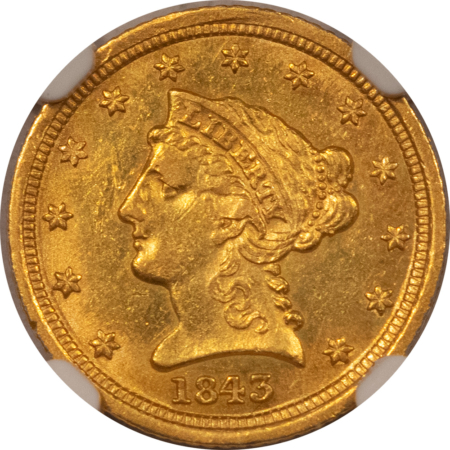 $2.50 1843-D $2.50 LIBERTY GOLD QUARTER EAGLE – NGC AU-58, TOUGH DAHLONEGA MINT GOLD!