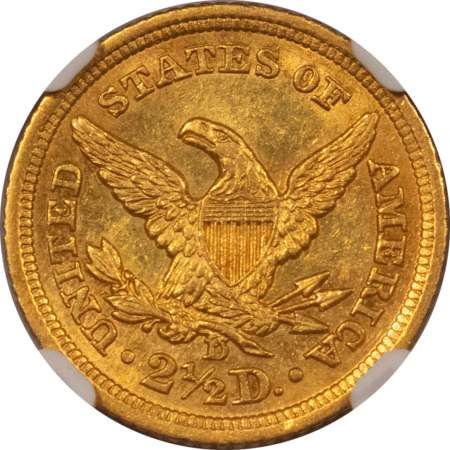 $2.50 1843-D $2.50 LIBERTY GOLD QUARTER EAGLE – NGC AU-58, TOUGH DAHLONEGA MINT GOLD!